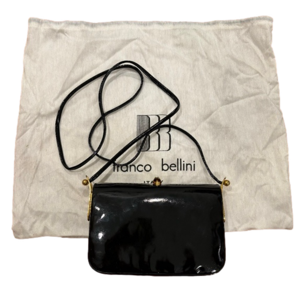 VINTAGE BLACK PATENT LEATHER FRANCO BELLINI MINI BAG W BRASS SNAP MADE IN ITALY